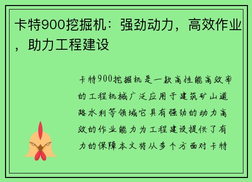 卡特900挖掘机：强劲动力，高效作业，助力工程建设